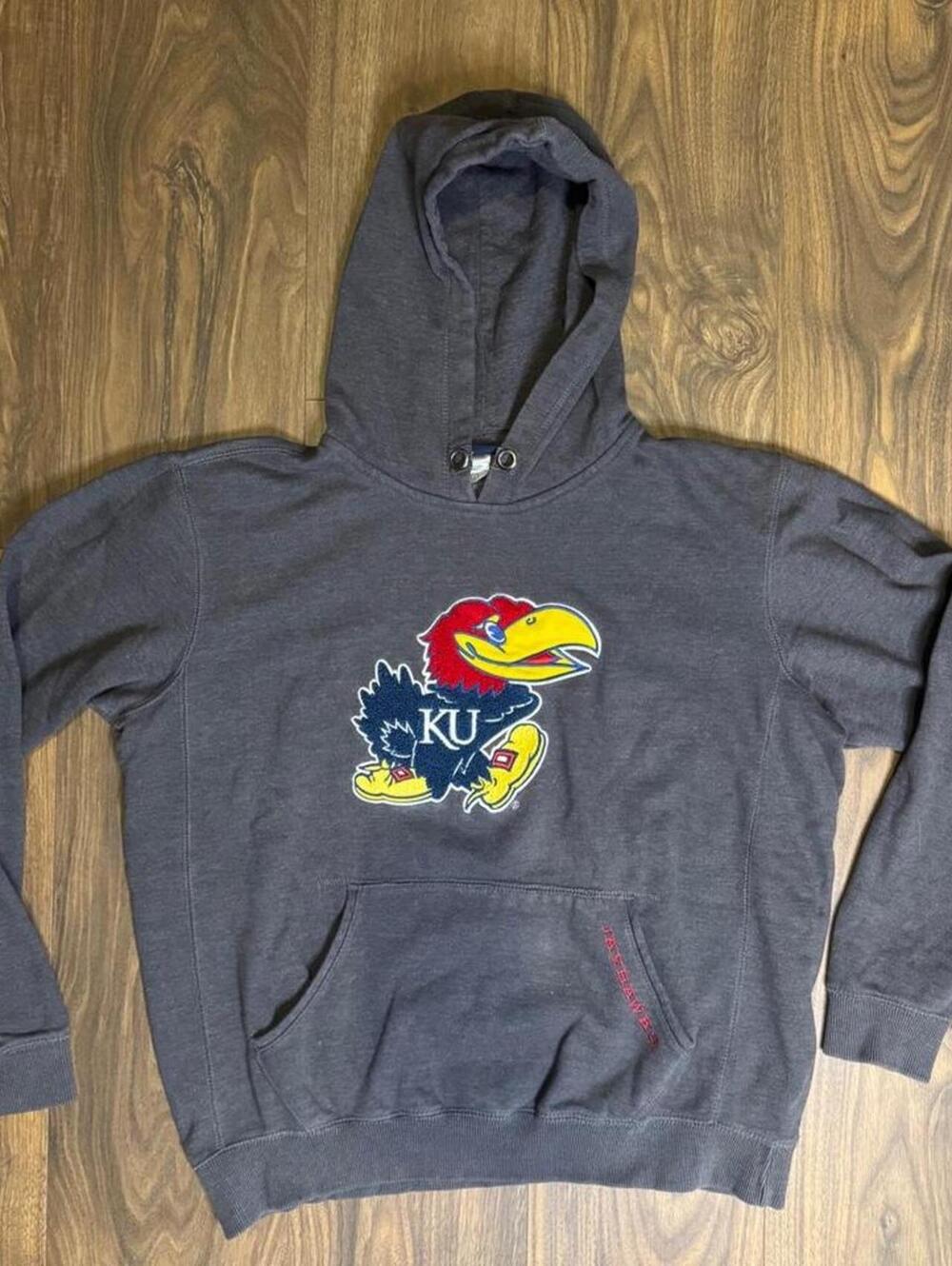 Kansas Jayhawks KU Hoodie Men's Large Gray Gear for Sports Chenille Carpet Logo